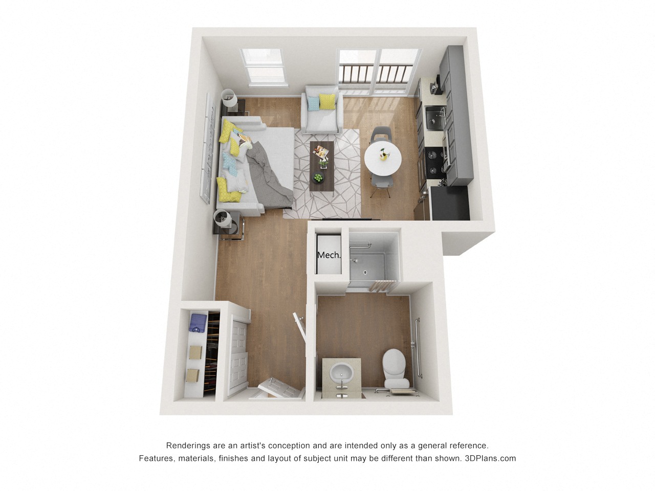 Floor plan for studio, 1 bath, 397 sqft